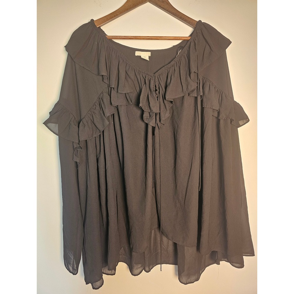 Romantic Goth H&M Ruffle Tie Neck Blouse Womens L Black Tiered Chiffon Top